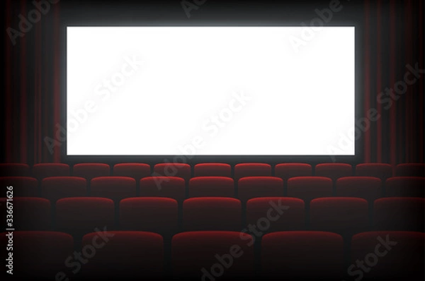 Fototapeta Cinema dark hall with white empty screen