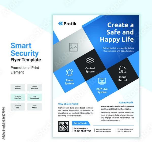 Obraz Smart Security Flyer Template Design with Blue Graphical Element Concept