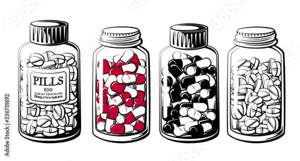 Obraz Pill bottle set. Collection of capsule and disk-shaped pill bottles vector illustration.
