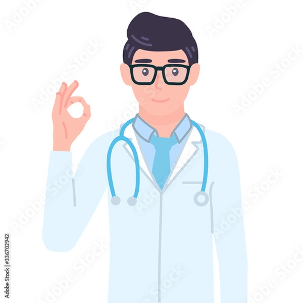 Fototapeta Doctor showing a gesture Okay. doing positive gesture OK. Male personage agree emotion