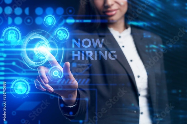 Fototapeta Business, Technology, Internet and network concept. Young businessman working on a virtual screen of the future and sees the inscription: Now hiring