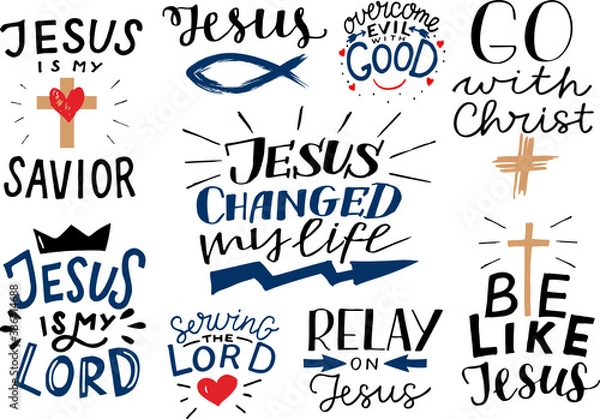 Obraz Logo set with Bible verse and Christian quotes Jesus is my Savior, Servig the Lord, my Lord