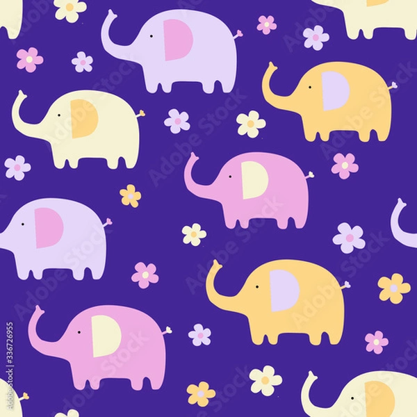 Fototapeta Baby seamless pattern with elephants. Colorful cute elephants with flowers on a purple background.Creative vector childish background for fabric, textile, nursery wallpaper. Scandinavian style.