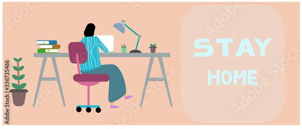 Fototapeta vector illustration.woman work at home with laptop on the table.The future of online education or social media.