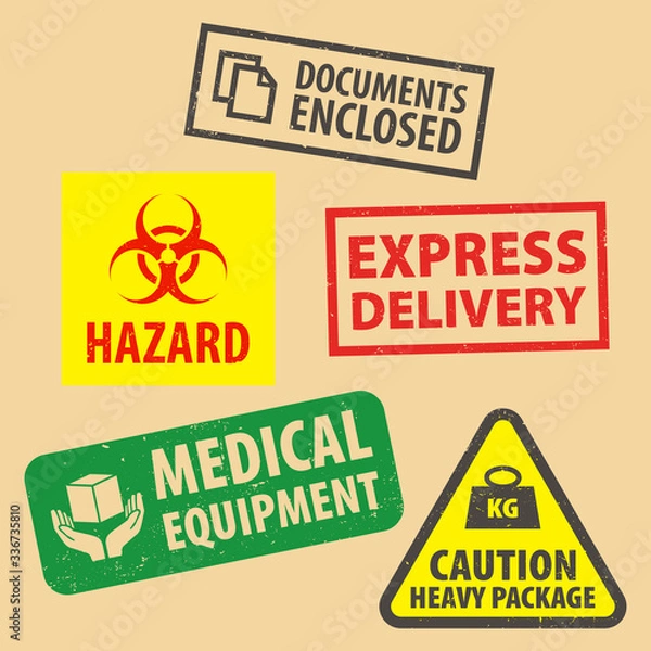 Fototapeta Set of fragile sticker Express Delivery icon packaging symbols sign, Heavy package rubber stamp on cardboard background, vector illustration. Use on package. EPS10.