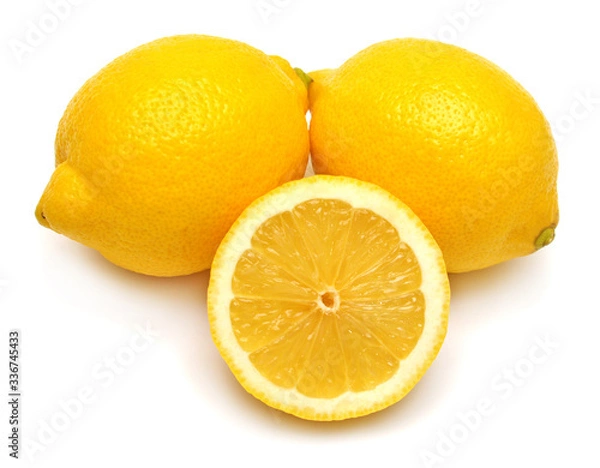 Fototapeta Lemon whole and slice fruit isolated on white background. Perfectly retouched, full depth of field on the photo. Top view, flat lay