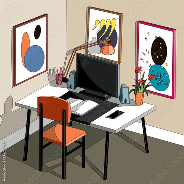 Fototapeta Vector illustration of a home office. A desktop with a computer, a chair and paintings on the wall.