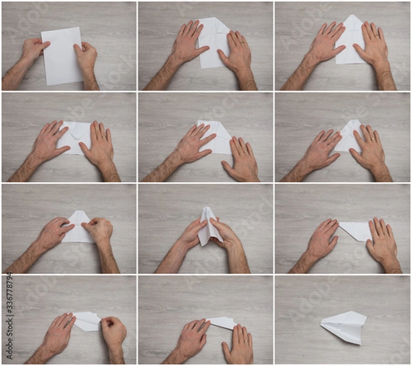 Fototapeta How to make origami paper airplane step by step photo instruction on wooden table with arms.
