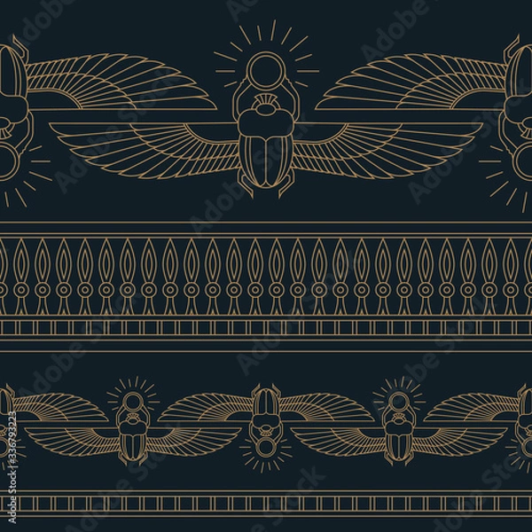 Fototapeta Color illustration of the Egyptian scarab beetle, personifying the god Khepri with seamless pattern.