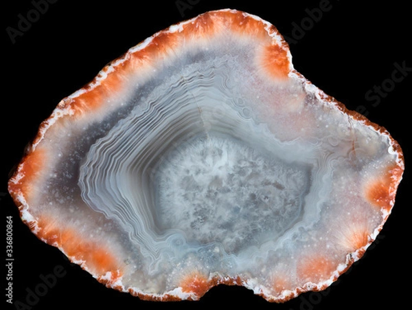 Obraz Slice of white agate geode with red zeolites on the periphery and quartz in the center. Russia, Kemerovo region, deposit Yachmenuha