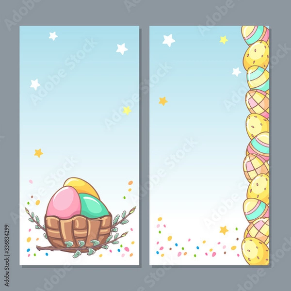 Obraz Easter templates with eggs, basket and willow. For easter design, announcements, greeting cards, invintation.