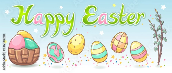Fototapeta Colorful greeting Happy Easter set with lettering, eggs, willow. The vector file is organized in layers for easy editing.