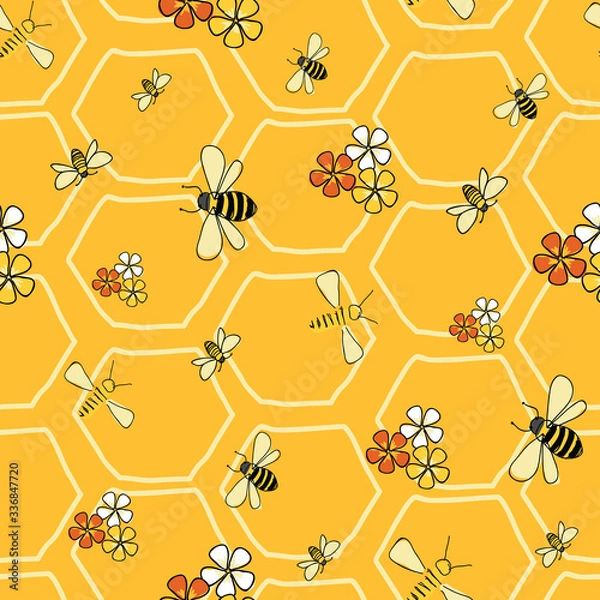 Fototapeta Bees and flowers seamless vector pattern on yellow honeycomb background surface pattern design