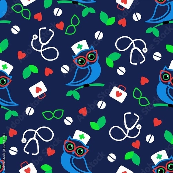 Fototapeta Seamless pattern with blue owl doctor, with a stethoscopes, medical cases and pills. Vector illustration. For medical.