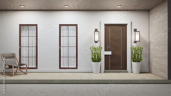 Fototapeta New house with wooden door and empty white signage. 3d rendering of large patio in modern home.