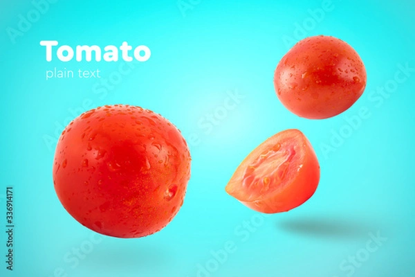 Obraz Fresh flying tomatoes on a blue background with drops. Tomatoes with full depth of coldness