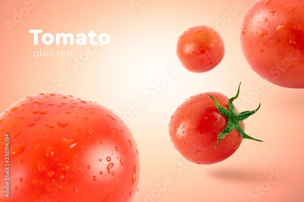 Obraz Fresh flying tomatoes on a red background with drops. Tomatoes with full depth of coldness