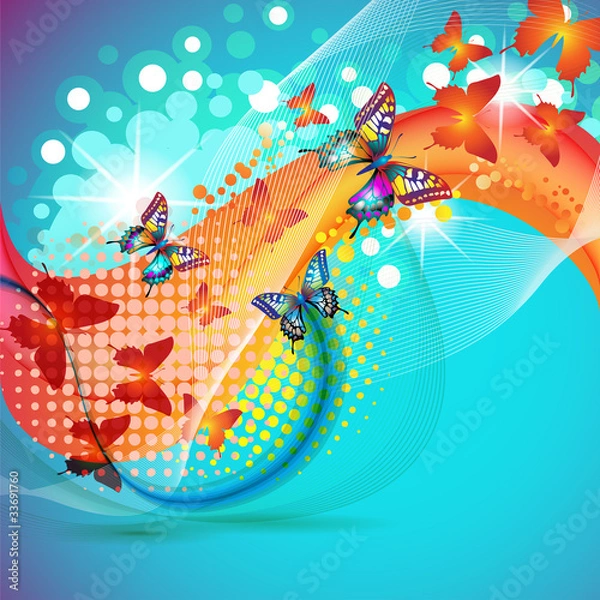 Fototapeta Colorful blue background with butterfly