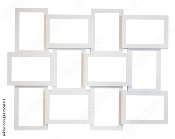 Fototapeta Collage of twelve white or gray frames: six horizontal and six vertical frames for photos, paintings, images, texts, isolated on a white background
