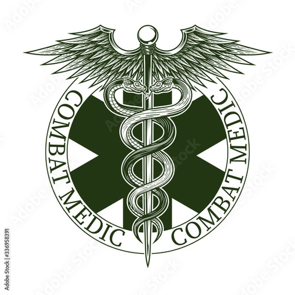Fototapeta Combat medic emblem. Vector illustration of star of life with Caduceus symbol in engraving technique. Isolated on white background.