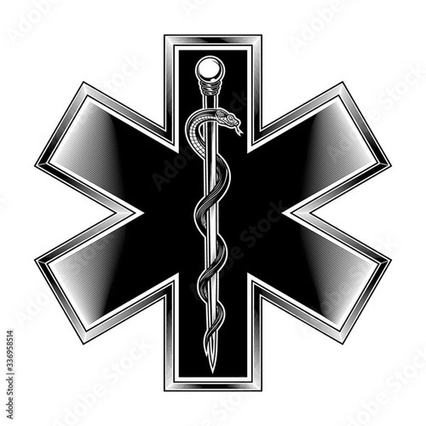 Fototapeta The star of life with rod of Asclepius emblem. Vector illustration in engraving technique. Modern symbol of medicine, emergency medical services, paramedics, technicians. Isolated on white.