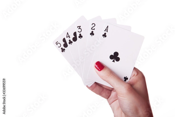 Fototapeta Straight Flush of clubs in hand