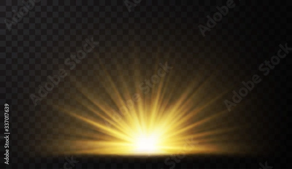 Obraz Sunrise. Glow light effect. Starburst with sparkles on dark transparent background. Vector illustration
