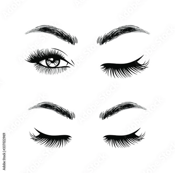 Fototapeta Set open eyes, closed eyes. Beautiful woman face, eyebrows and lush eyelashes, lashes extensions. Element design. Beauty Logo. Vector illustration.