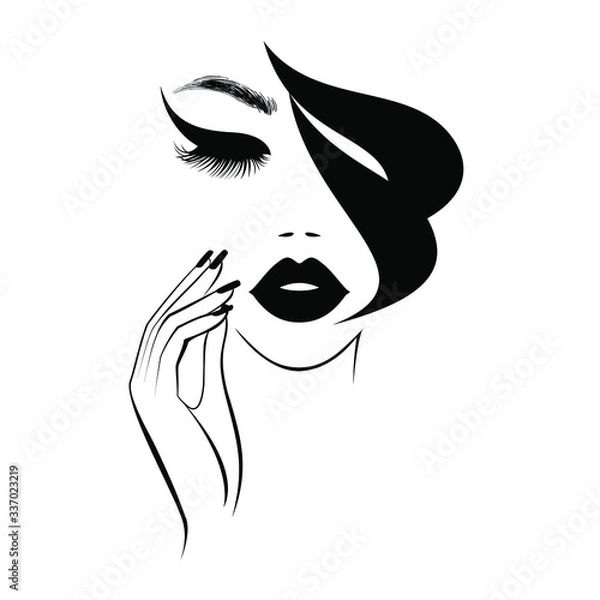 Fototapeta Piękna twarz kobiety z czarnymi ustami, bujnymi rzęsami, ręką z czarnymi paznokciami manicure, czarnymi włosami, stylową fryzurą. Logo piękna. Studio zdobienia paznokci. Tło tapety. Ilustracji wektorowych.