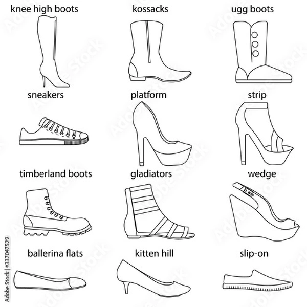 Fototapeta vector flat line icon set of woomen designer style shoes