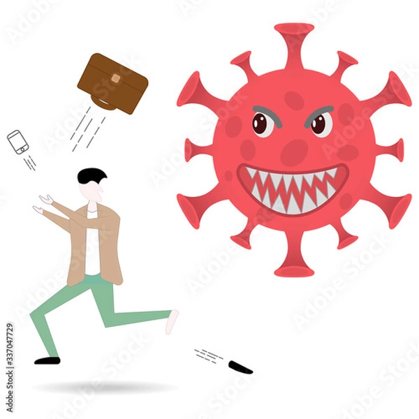 Fototapeta vector colorful image of man who running from coronavirus bacterium, covid 19