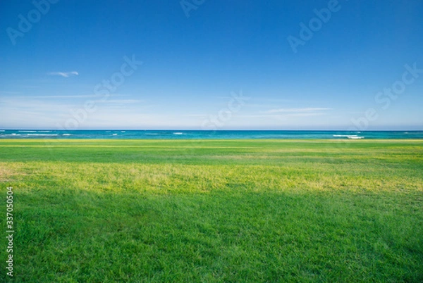 Obraz 日差し差し込む草原と海と空