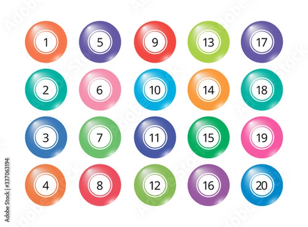 Obraz Big collection of realistic isolated bingo and lottery balls with numbers (1-20). Multicolored objects for banners, cards, posters, tickets. Vector illustration