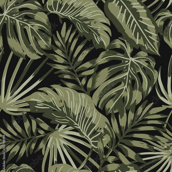 Fototapeta Tropical leaves pattern on black background. Green tropical Jungle pattern
