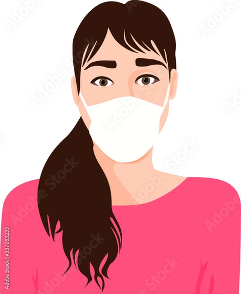 Fototapeta Beautiful Scared Young Woman wearing protective medical face mask, face only wide eyes, flat digital vector illustration