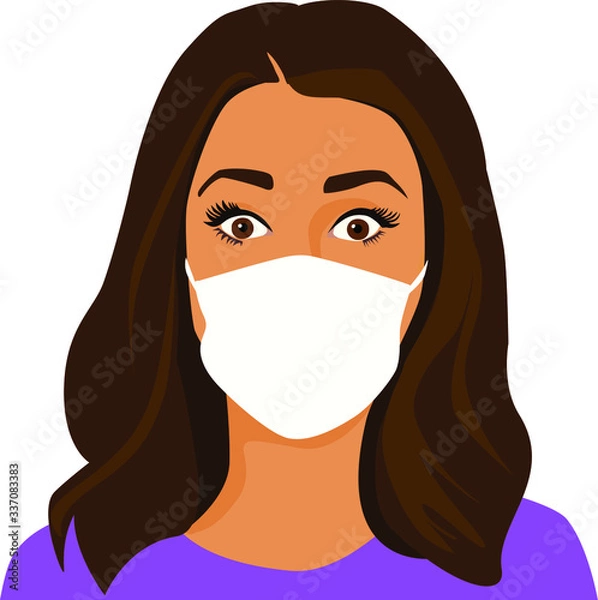 Fototapeta Beautiful Scared Young Woman wearing protective medical face mask, face only wide eyes, flat digital vector illustration