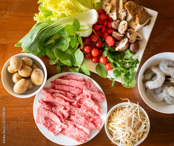 Obraz Wagyu beef and raw vegetables for hot pot Shabu shabu