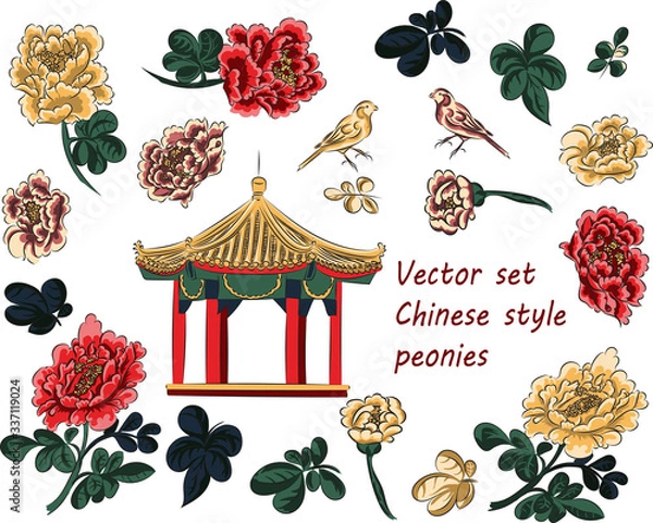 Obraz A set of vector elements in Chinese style. Traditional gazebo, red, yellow and pink peonies, Canary birds, peony leaves.