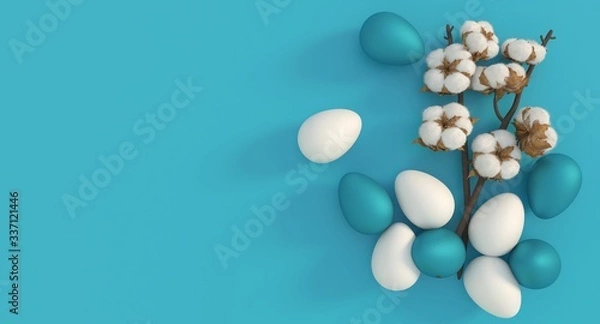 Fototapeta Animated Happy Easter text and rabbit on blue background. Luxury and elegant template for holiday Easter holiday decorations , Easter concept background.