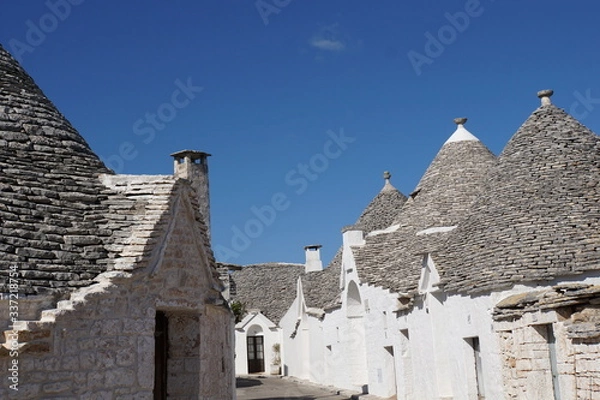 Fototapeta Small street detail of white round houses with specific architecture and stone roof from unesco world heritage Trulli of Alberobello in Italy