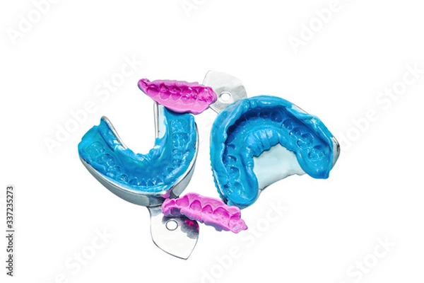Fototapeta Two dental impressions on a white and blue background. The imprint of the tooth row of high precision and bite registration pieces