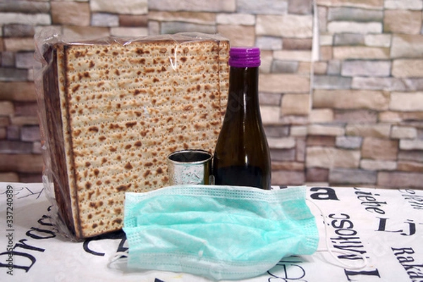 Obraz Corona Passover. Dust mask, bottle of wine and matzah - a traditional Jewish food for Passover