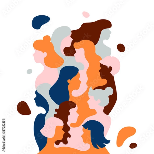 Fototapeta Vector illustration.
Image of different women, with different skin colors, with different hair, with different shapes. Tolerance, equality, feminism, self-acceptance.