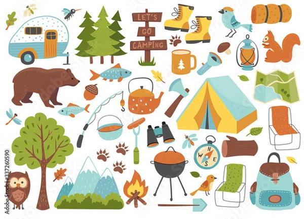 Fototapeta Camping and hiking set, hand drawn elements- tent, campfire, map and wild animals.  Perfect for scrapbooking, craft projects, party invitations, posters, tags, sticker kit. Vector illustration.