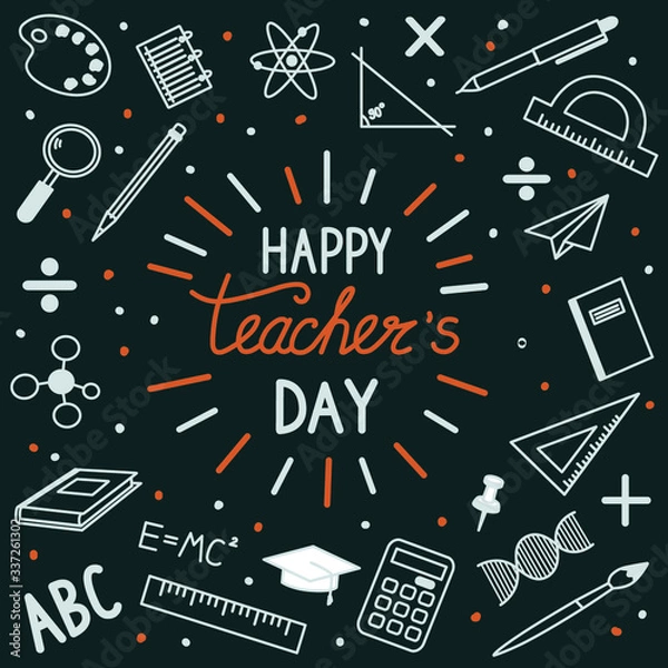 Obraz Greeting card for teacher's day with chalk on a blackboard. Simple vector illustration.