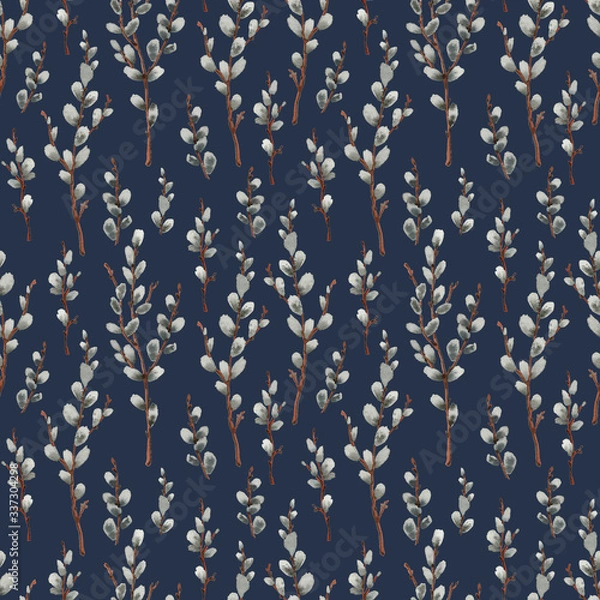 Fototapeta Seamless pattern with cute watercolor willow twigs. On a dark background.