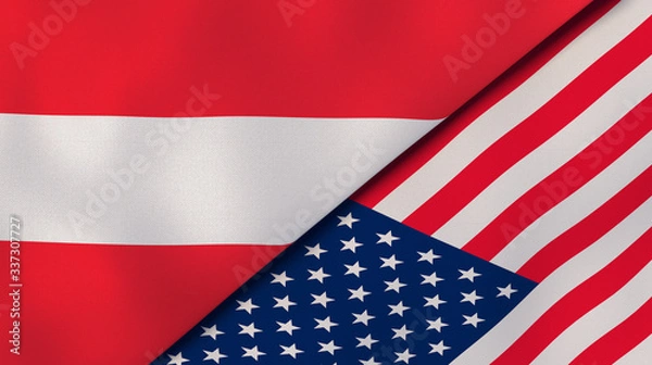 Fototapeta The flags of Austria and United States. News, reportage, business background. 3d illustration