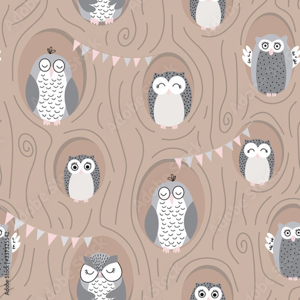 Fototapeta Cute vector pattern with owls in burrows in a tree