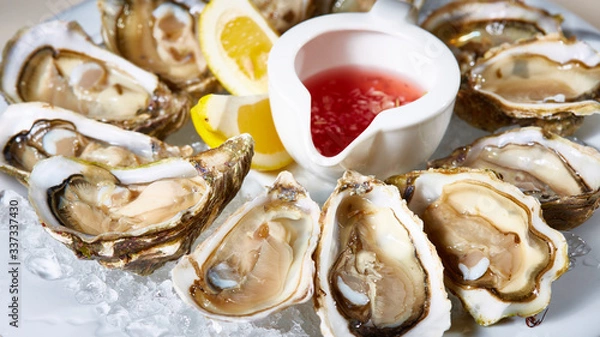 Obraz Fresh oysters on ice with lemon close up. Shallow dof.