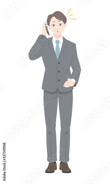 Fototapeta 電話　驚き　ポーズ　ビジネス　スーツ　男性　全身
